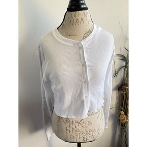 TNA Waffle Knit Cropped Cardigan White Button Front Thermal Shirt XL